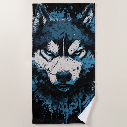 Blue Husky Beach Towel – Bold Dog Art ビーチタオル (正面)