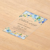 Blue Hydrangea and Ivory Rose Celebration of Life アクリル招待状 (レイダウン)