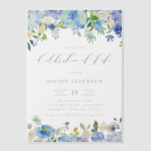 Blue Hydrangea and Ivory Rose Celebration of Life ベラム紙招待状 (正面)