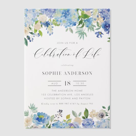 Blue Hydrangea and Ivory Rose Celebration of Life ベラム紙招待状 (正面)