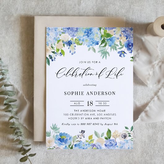 Blue Hydrangea and Ivory Rose Celebration of Life 招待状