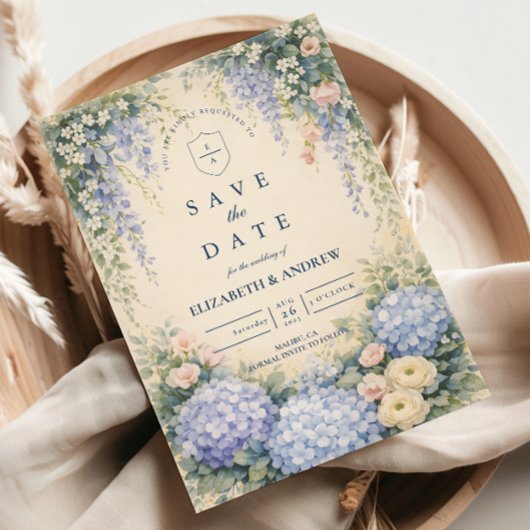 Blue Hydrangea And Ivory Rose Wedding セーブザデート