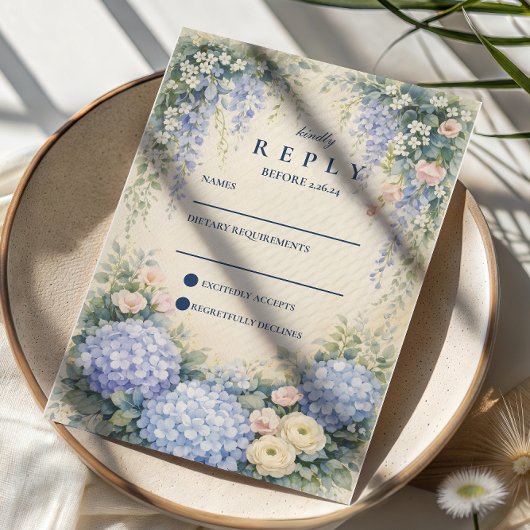 Blue Hydrangea And Ivory Rose Wedding 出欠カード