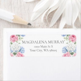 Blue Hydrangea and Pink Rose Floral English Garden ラベル