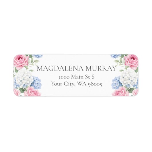 Blue Hydrangea and Pink Rose Floral English Garden ラベル (正面)