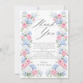 Blue Hydrangea and Pink Rose Floral Garden Wedding サンキューカード (正面)