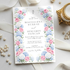 Blue Hydrangea and Pink Rose Floral Garden Wedding 招待状