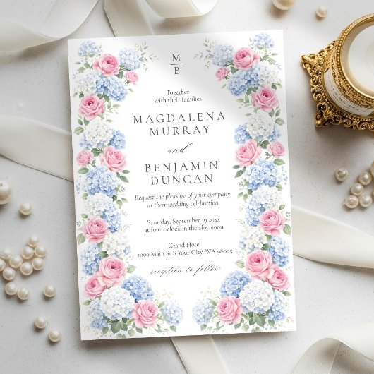 Blue Hydrangea and Pink Rose Floral Garden Wedding 招待状