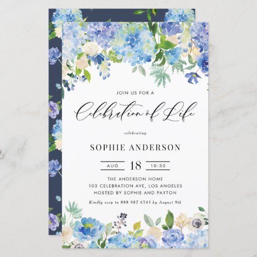 Blue Hydrangea and Rose Celebration of Life invite (正面/裏面)