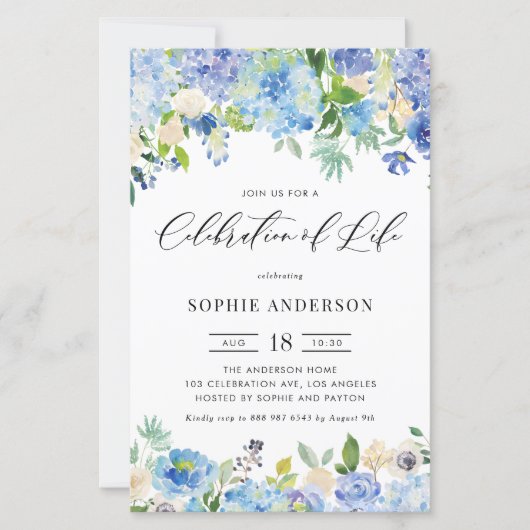 Blue Hydrangea and Rose Celebration of Life invite (正面)