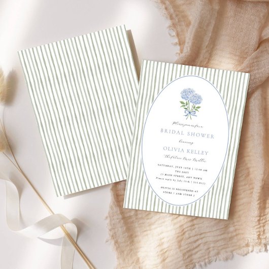 Blue Hydrangea and Stripes Bridal Shower 招待状
