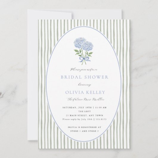 Blue Hydrangea and Stripes Bridal Shower 招待状 (正面)