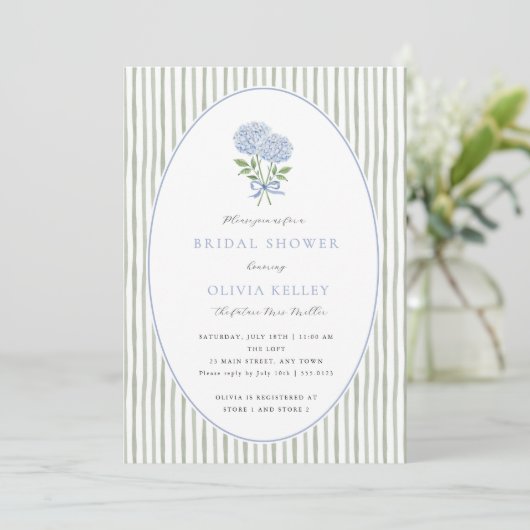 Blue Hydrangea and Stripes Bridal Shower 招待状 (スタンド正面)
