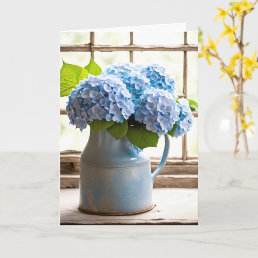 Blue Hydrangea Anniversary Bouquet In Window カード (黄色い花)