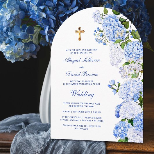 Blue Hydrangea Arch Religious Wedding 招待状