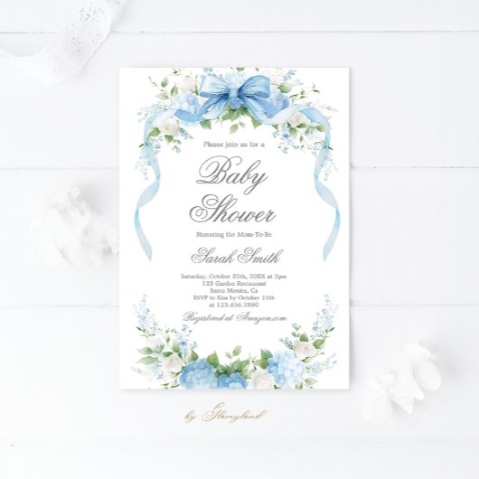 Blue Hydrangea Baby Shower Boy Invitation 招待状
