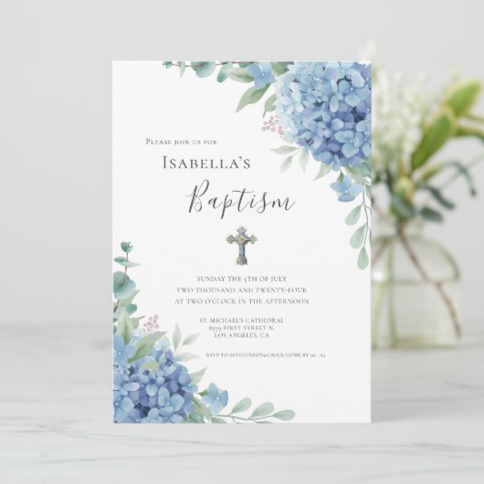 Blue Hydrangea Baptism Religious  招待状 (スタンド正面)