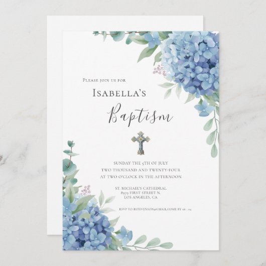 Blue Hydrangea Baptism Religious  招待状 (正面/裏面)
