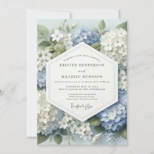 Blue Hydrangea Botanical Bloom Wedding 招待状 (正面)