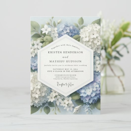Blue Hydrangea Botanical Bloom Wedding 招待状 (スタンド正面)
