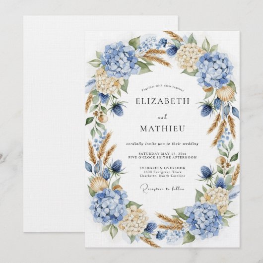 Blue Hydrangea Botanical Romance Wedding 招待状 (正面/裏面)