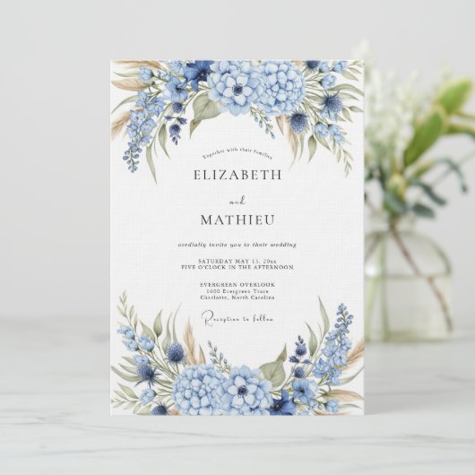 Blue Hydrangea Botanical Wedding 招待状 (スタンド正面)