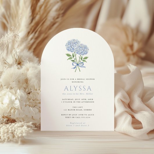 Blue Hydrangea Bouquet & Bow Bridal Shower Arched 招待状