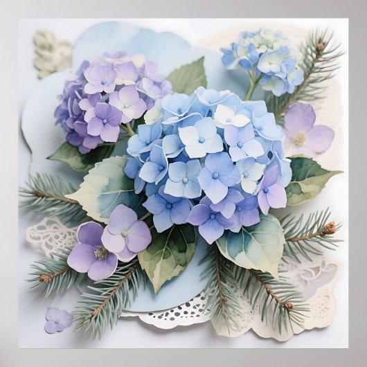 Blue Hydrangea Bouquet Watercolor Serenity ポスター (正面)