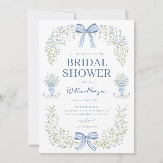 Blue Hydrangea Bow Bridal Shower Invitation 招待状 (正面)