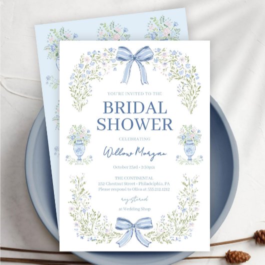Blue Hydrangea Bow Bridal Shower Invitation 招待状