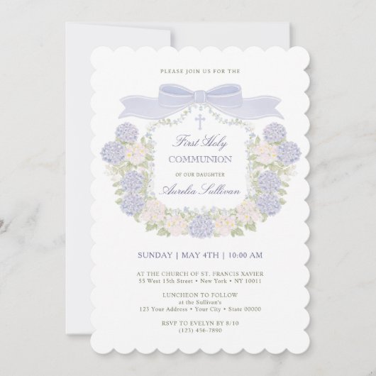 Blue Hydrangea Bow Frame First Holy Communion 招待状 (正面)