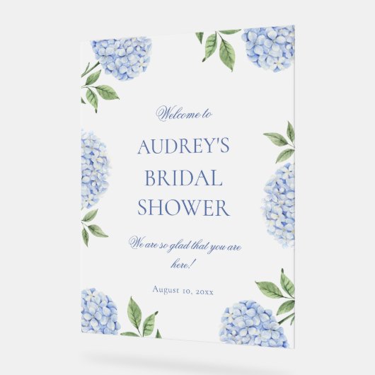 Blue Hydrangea Classic Welcome Sign, Flower Border アクリルサイン (傾斜)