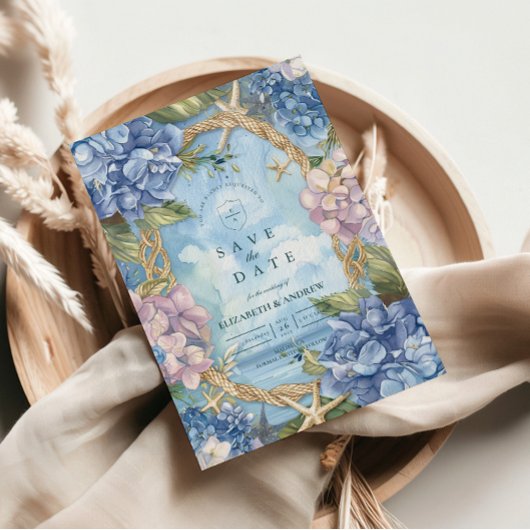 Blue Hydrangea Coastal Rope Wedding セーブザデート