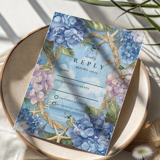 Blue Hydrangea Coastal Rope Wedding 出欠カード