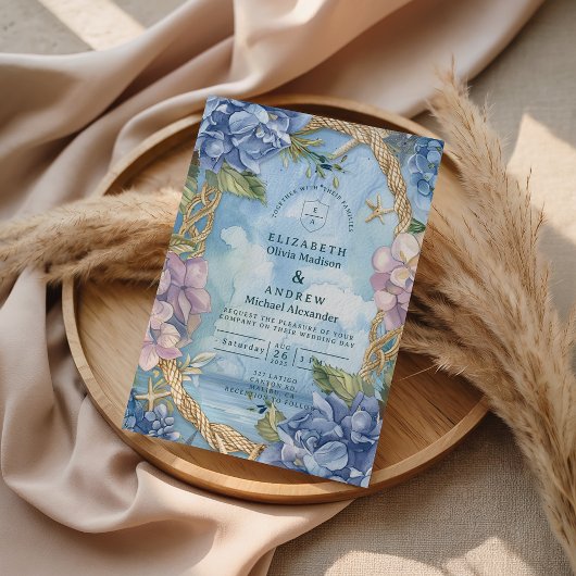 Blue Hydrangea Coastal Rope Wedding 招待状