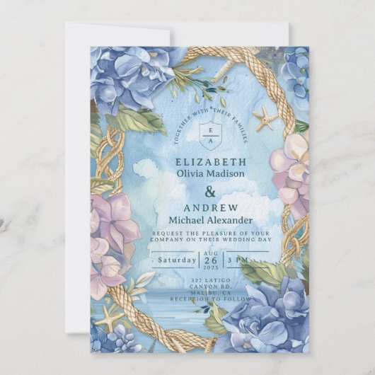 Blue Hydrangea Coastal Rope Wedding 招待状 (正面)