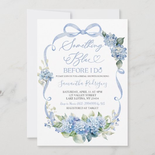 Blue Hydrangea Coquette Something Blue Bridal 招待状 (正面)
