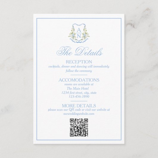 Blue Hydrangea Crest Monogram Details 出欠カード (正面)