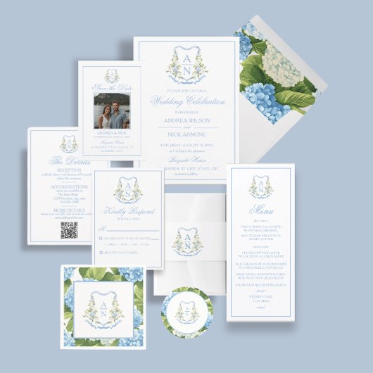Blue Hydrangea Crest Monogram Details 出欠カード