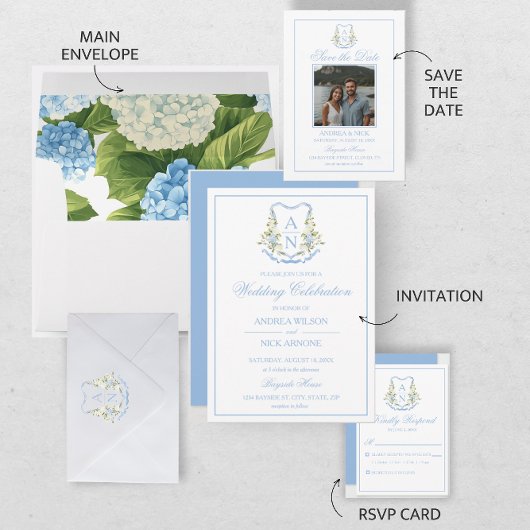 Blue Hydrangea Crest Monogram Details 出欠カード