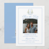 Blue Hydrangea Crest Monogram QR Code セーブザデート (正面/裏面)