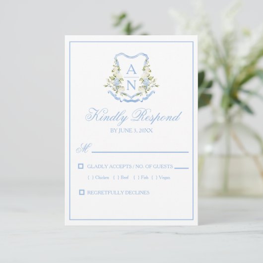 Blue Hydrangea Crest Monogram RSVP Cards (スタンド正面)