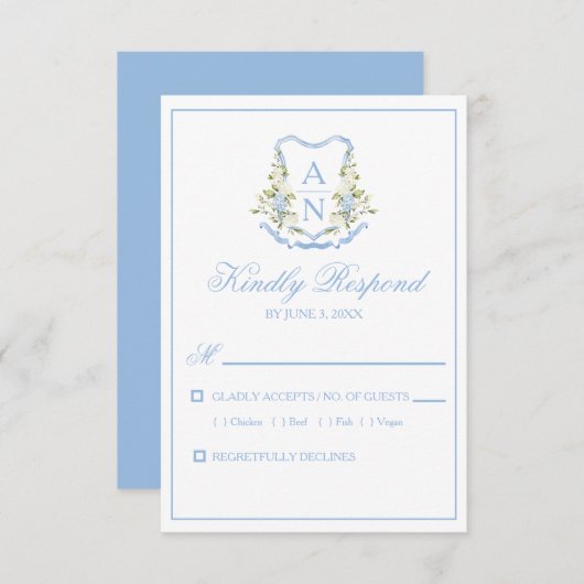 Blue Hydrangea Crest Monogram RSVP Cards (正面/裏面)