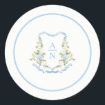 Blue Hydrangea Crest Monogram Stickers Simple ラウンドシール<br><div class="desc">Blue Hydrangea Crest Monogram, wedding stickers is vintage-inspired soft blue and white design that's perfect for a garden or coastal-themed wedding. The sticker features an elegant monogram crest with light blue color typography A blue and white hydrangea pattern surrounds the design to add some color. You can easily customize this...</div>