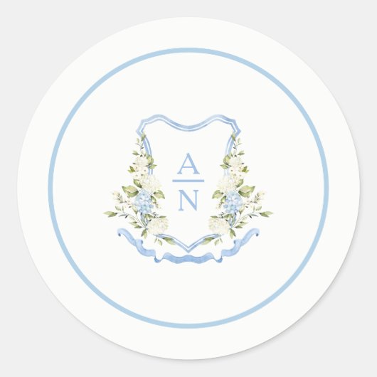 Blue Hydrangea Crest Monogram Stickers Simple ラウンドシール (正面)