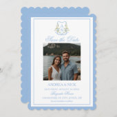 Blue Hydrangea Crest Monogram Wedding Invitation セーブザデート (正面/裏面)