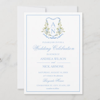 Blue Hydrangea Crest Monogram Wedding Invitation 招待状