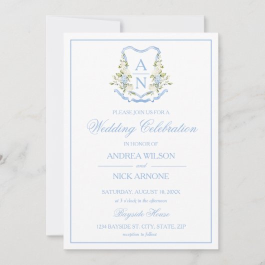 Blue Hydrangea Crest Monogram Wedding Invitation 招待状 (正面)