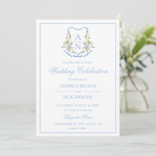 Blue Hydrangea Crest Monogram Wedding Invitation 招待状 (スタンド正面)