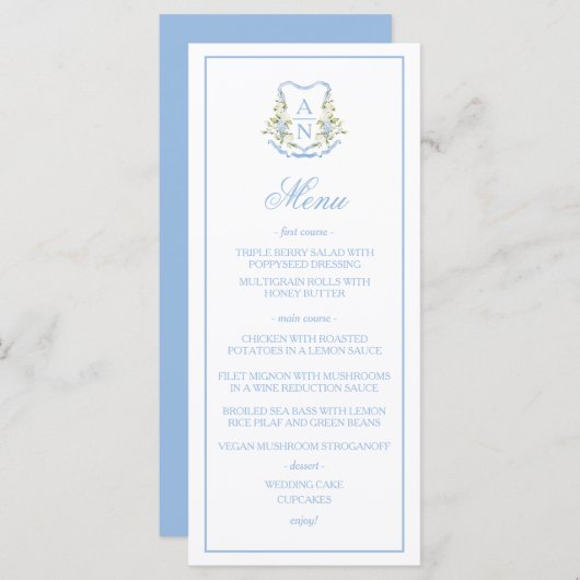 Blue Hydrangea Crest Monogram Wedding Menu メニュー (正面/裏面)